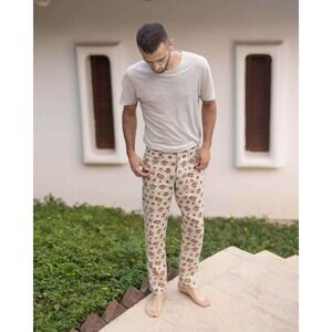 Alex Crane Cham Pants Mens 33 Beige Brown Linen Floral NWT Straight Leg Trousers